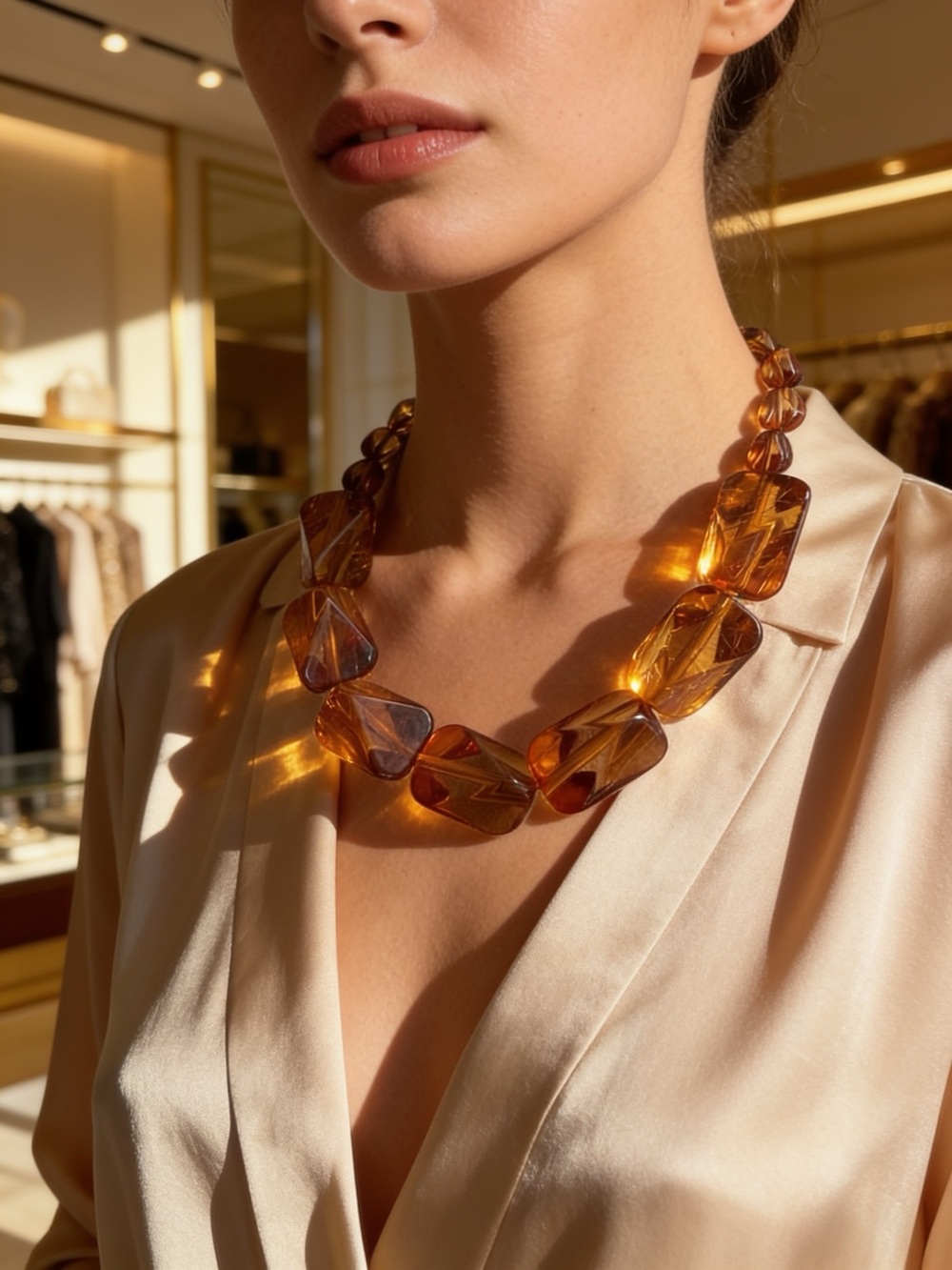 Statement Necklace with Oversized Amber Colored Rectangular Faceted Beads.